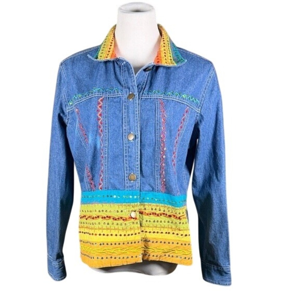 BFA Classics Womens Denim Jacket L Blue Embroidered Sequin Wearable Art Boho